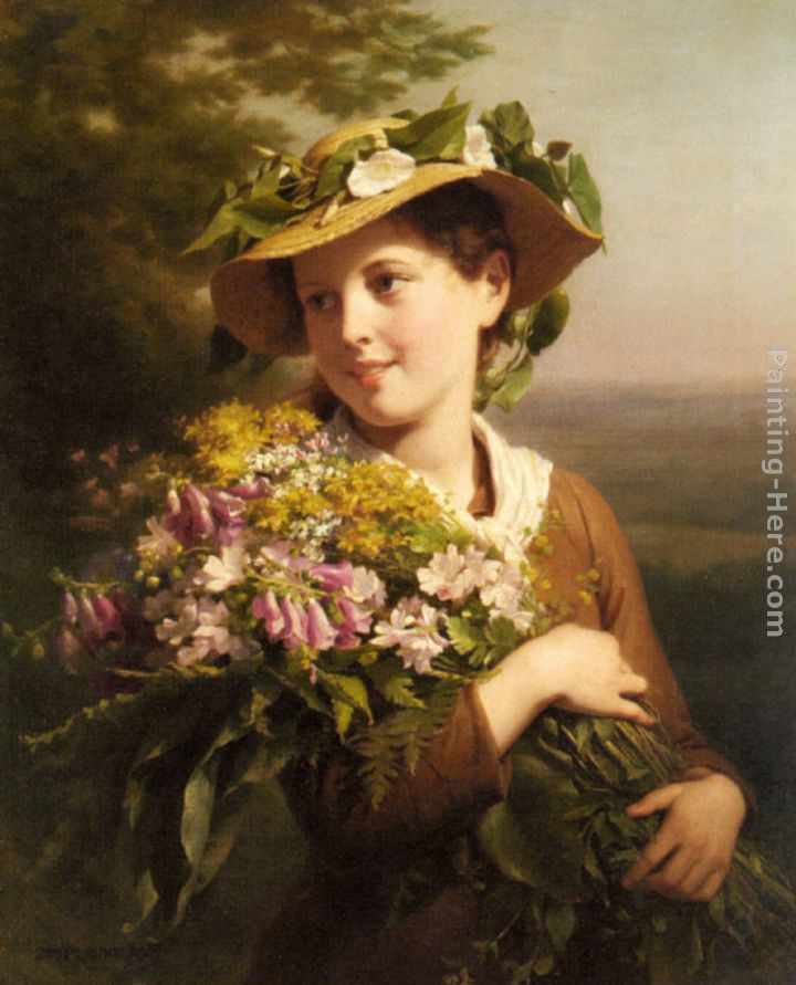 Fritz Zuber-Buhler A Young Beauty holding a Bouquet of Flowers